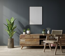 Mockup poster frame in modern living room interior design with dark empty wall.