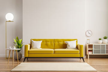 Yellow sofa and wooden table in living room interior with plant,white wall. - obrazy, fototapety, plakaty