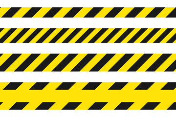 Warning striped tape. Yellow lines of fencing, construction sites, dangers. Vector set of illustrations.