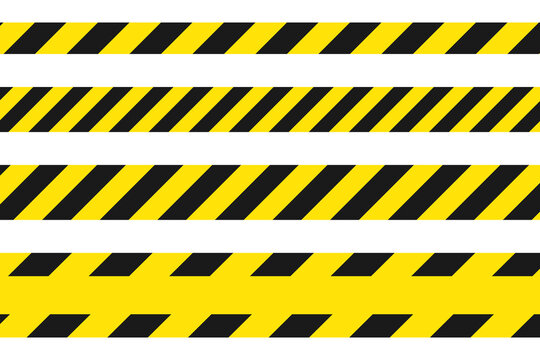 Warning striped tape. Yellow lines of fencing, construction sites, dangers. Vector set of illustrations.