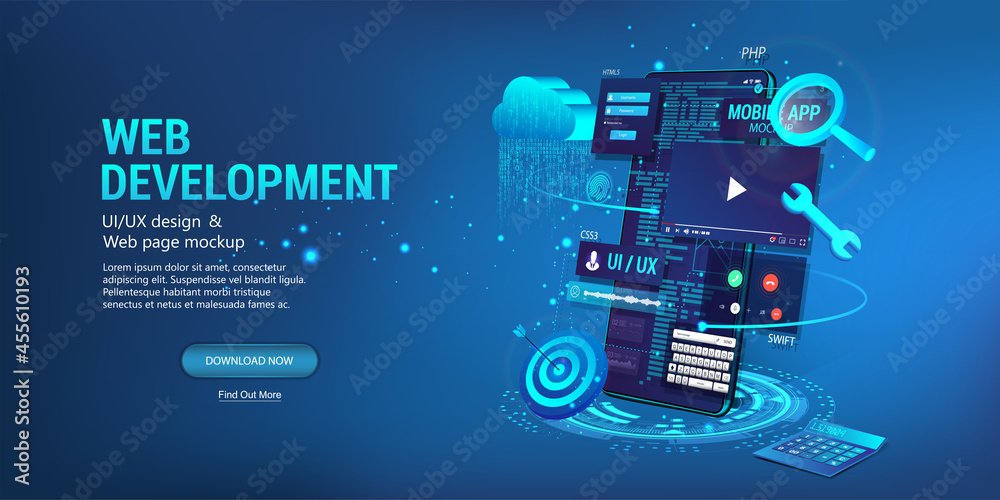 Fototapete Web banner - Development of a website and applications for mobile phones. Coding and design UI, UX KIT. Coding, programming apps for smartphones and mobile devices. Testing website, software. Vector