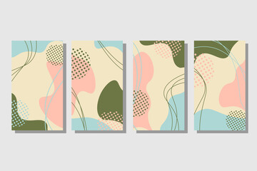 A set of cards in patsel colors with abstract spots. Vector illustration for use in designs, covers, flyers, invitations and greetings. 
