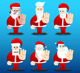 Santa Claus in his red clothes with white beard showing deny or refuse hand gesture. Vector cartoon character illustration.