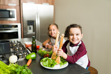 Portrait of a child making a healthy lunch