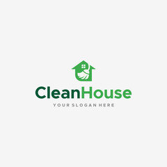 Flat CleanHouse broom house window logo design