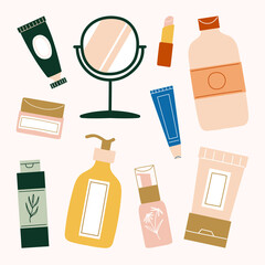 Set of beauty skincare and body care essentials products. Facial creams, hand cream, mirror, lip balm, toner, acne spot, moisturizer, lotion, serum, sunscreen and sunblock illustration.