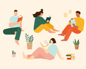 People reading books at home - obrazy, fototapety, plakaty