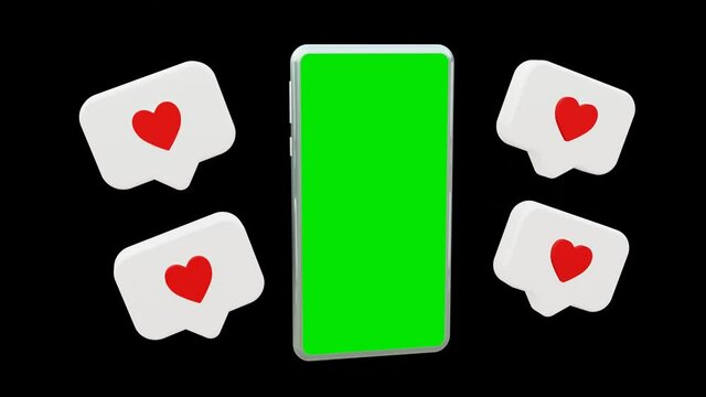 modern smartphone and love icon with green screen on black background . 3d illustration rendering . 4k resolution video . for business, market and etc . Computer generated image . Easy customizable
