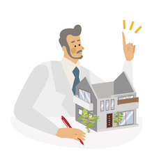 マイホーム計画をする白衣の男性のベクターイラスト
