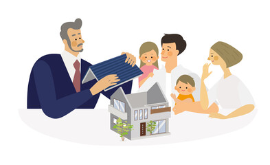 マイホーム計画をする家族と不動産の男性ベクターイラスト