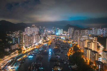 Aerial night view of Aberdeen, Hong Kong