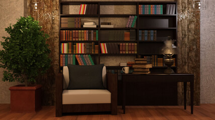 テレビ会議背景用 ZOOM会議背景用 CG 部屋 本棚 書斎 ランプ 夕暮れ 夕日 夕闇 video conferencing for using in video conference and as a zoom background.