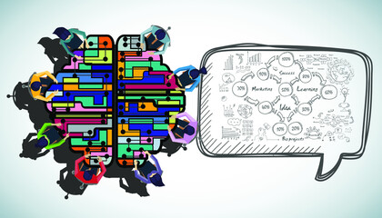 Businessman and woman brainstorm with  brain,plan,think,search,analyze,communicate, futuristic idea innovation technology modern.vector