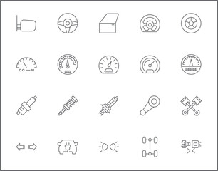 Set of Car parts and car service line style. It contains such as speed meter, electric car, EV charging, station, energy, battery, oil, chain and other elements.