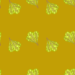 Seamless pattern bunch mangold salad on yellow background. Simple ornament with lettuce.
