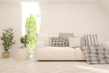 Minimalist living room in white color with sofa and summer landscape in window. Scandinavian interior design. 3D illustration