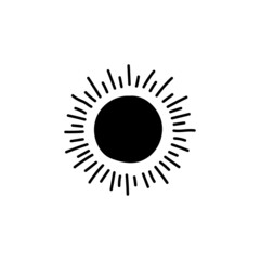 Sun, sunlight icon in solid black flat shape glyph icon, isolated on white background 