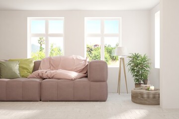 Stylish room in white color with sofa and summer landscape in window. Scandinavian interior design. 3D illustration