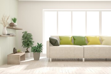 White living room with sofa. Scandinavian interior design. 3D illustration