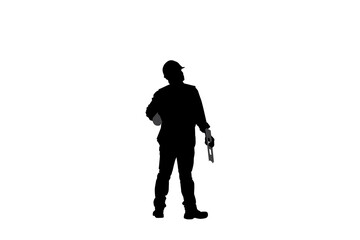 Vector illustration Silhouette of Engineer in hard hat, worker holding building level on white background