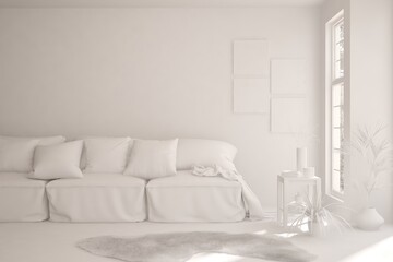 White minimalist living room with sofa. Scandinavian interior design. 3D illustration