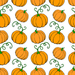 Vector seamless pattern with outline pumpkins in doodle style. Halloween or thanksgiving background and texture