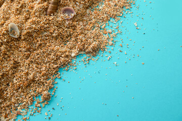 Sand and seashells on blue background