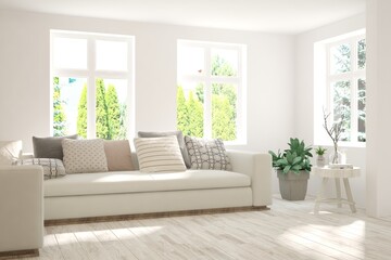 White living room with sofa and summer landscape in window. Scandinavian interior design. 3D illustration