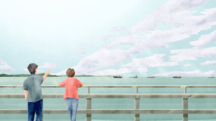 船と海の風景手描き水彩風イラスト
