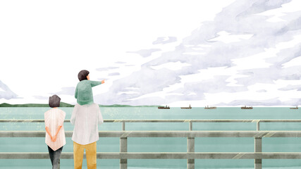 船と海の風景手描き水彩風イラスト

