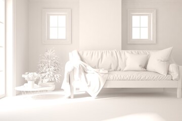Mock up of minimalist living room in white color with sofa. Scandinavian interior design. 3D illustration