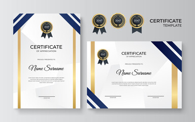 Set of blue gold certificate template with dynamic and futuristic polygonal color and modern background.