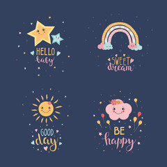 Set of posters yellow, blue cute stars, rainbow, sun and pink cloud and lettering 