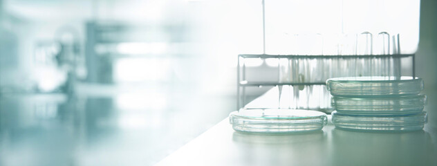 glass petri dish or plate and test tube in medical microbiology lab banner background
