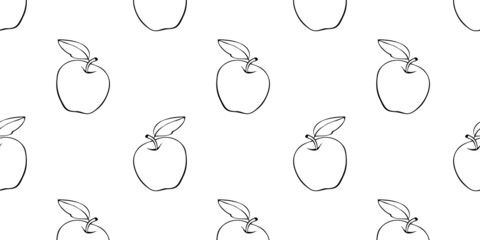 Vector seamless pattern with contour apples in doodle style. Hand-drawn fruit background and texture, isolated.