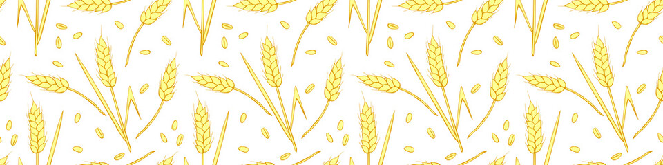 Wheat spikelets and grains, vector seamless pattern. Outline drawn in sketch style isolated. Design of print, wrapping paper, packaging on theme of bakery products, flour, harvest, thanksgiving