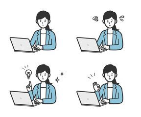 パソコン　女性　悩み　ひらめき　表情セット