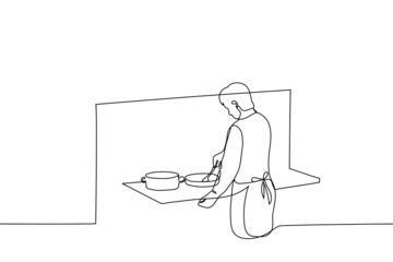 man in an apron is cooking at home - one line drawing. homemade food concept, bachelor or family man prepares food