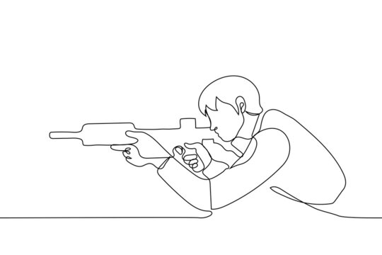 man is aiming with a long-barreled weapon leaning on his elbows - one line drawing. concept of soldier, hitman, sniper, paintball player