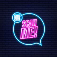 QR code for smartphone. Inscription scan me with smartphone icon. Neon icon. Qr code for payment. Vector illustration.