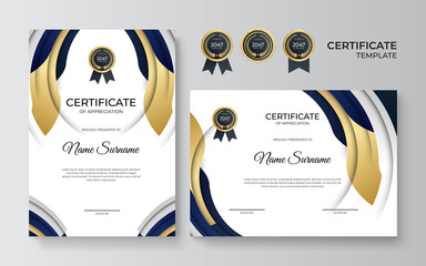 Elegant blue and gold diploma certificate template. Blue and gold certificate of achievement template with gold badge and border