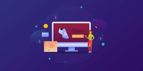 Woman shopping shoes online from ecommerce webstore, using secure credit card payment, online order and getting package delivery concept, abstract background business technology, web banner template.