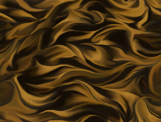 Abstract silk background. Golden shiny fabric. Delicate yellow textile texture. Satin folds, waves pattern. Gold fold silky backdrop with curves, luxury fashion.