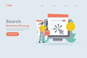 Search marketing strategy, displaying digital ads on search engine, people searching information , data on internet, business communication concept with marketing elements web banner.