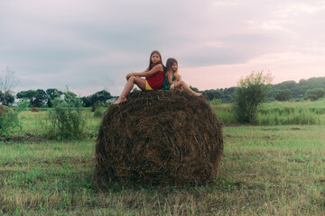 Naklejka na ściany i meble two little sisters sit on a haystack. High quality photo