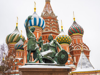 St. Basil's cathedral and monument to Minin and Pozharsky on Red Square in Moscow, Russia, at winter