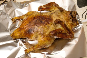 Rotisserie ,Roasted chickens on aluminum foil