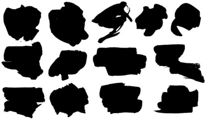 Set of black smears paint, ink brush strokes, brushes, lines. Dirty artistic grunge ink banner. Border  design elements, text frames. Vector 