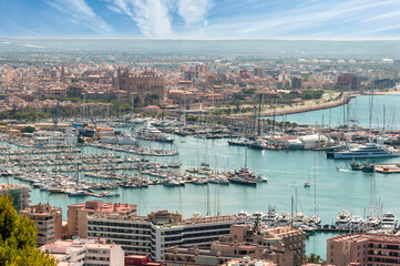 From Bellver castle view of the port and the old town, La Seu cathedral, Palma, Palma de Mallorca, Majorca, Balearic Islands, Spain