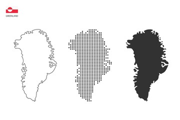 3 versions of Greenland map city vector by thin black outline simplicity style, Black dot style and Dark shadow style. All in the white background. - obrazy, fototapety, plakaty